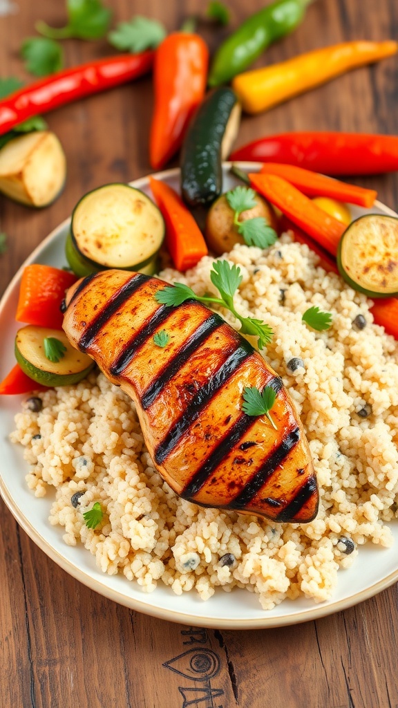 Grilled chicken breast with quinoa and roasted vegetables on a rustic table.
